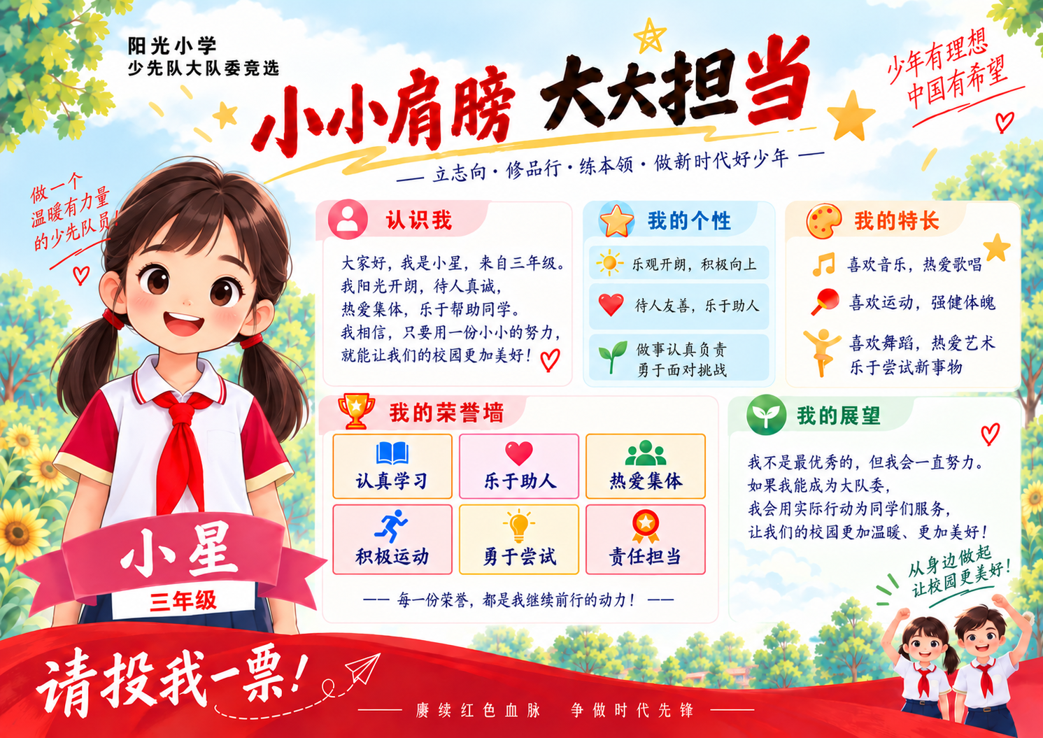 小小肩膀大大担当竞选海报，卡通人物与信息分区
